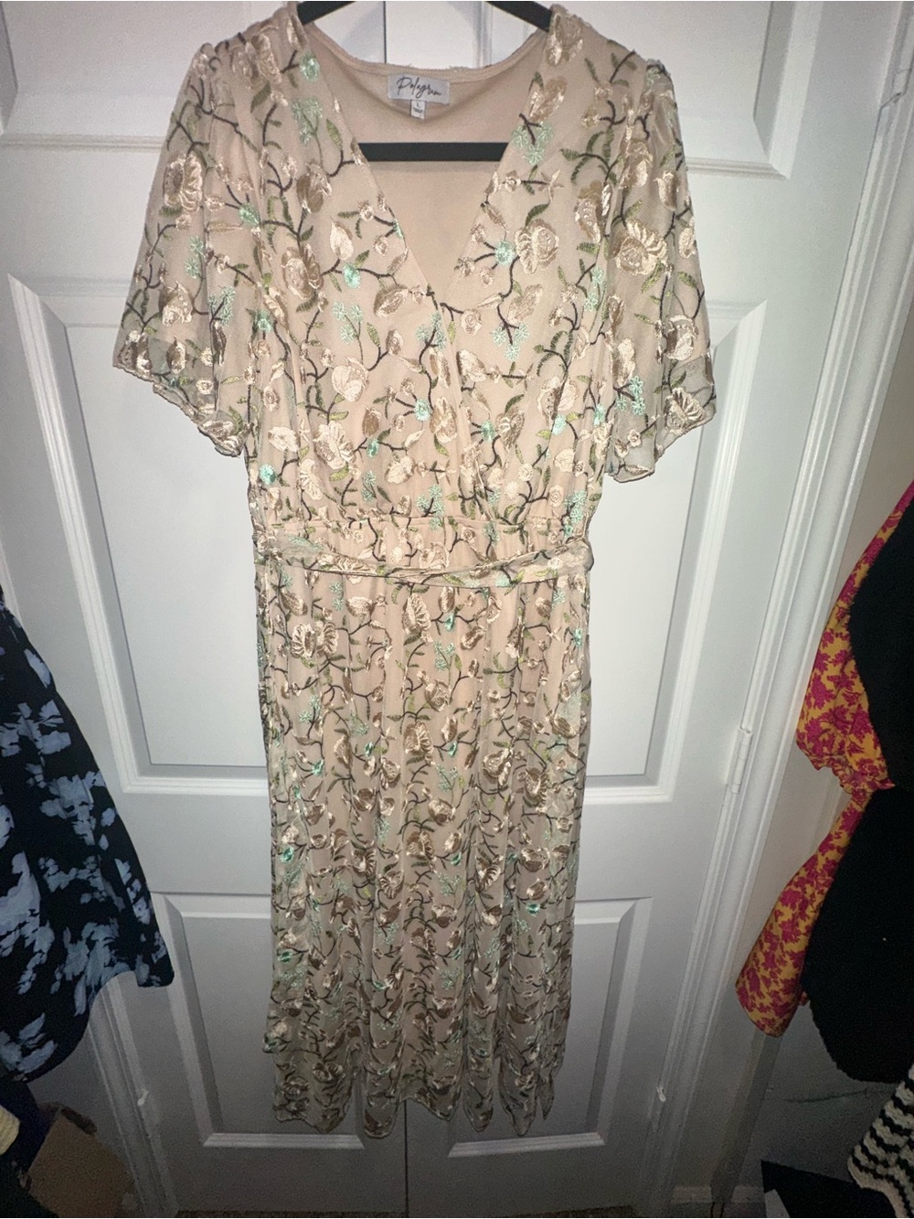 Pilgrim Beige Floral Embroidered Midi Dress with Mint Accents